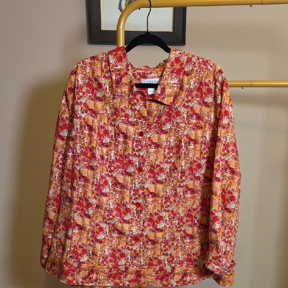 CJ Banks Red & Orange Abstract Floral Button-Front Linen Jacket